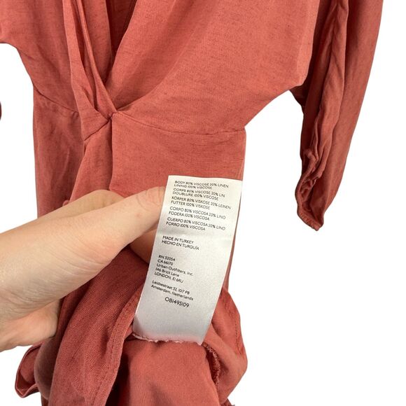 Anthropologie Puff Sleeve Wrap Mini Dress Linen Blend Rose Pink Womens Size 8 - Picture 7 of 9